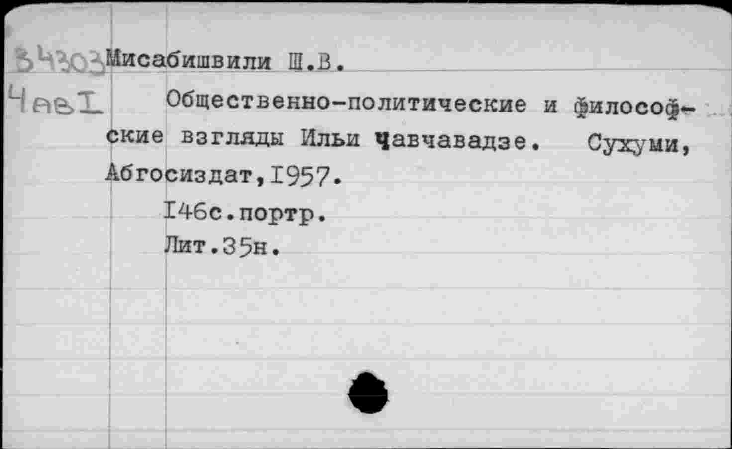 ﻿ЪЧЯО^>Миса<^ишвили Ш.В.
Общественно-политические и ские взгляды Ильи Чавчавадзе. Абгосиздат,1957» 146с.портр.
Лит.35н.
философ
Сухуми